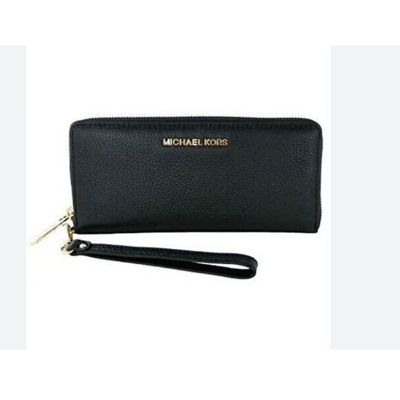 MICHAEL KORS Jet Set zip around continental leather large wallet wristlet -BLACK - Picture 1 of 9